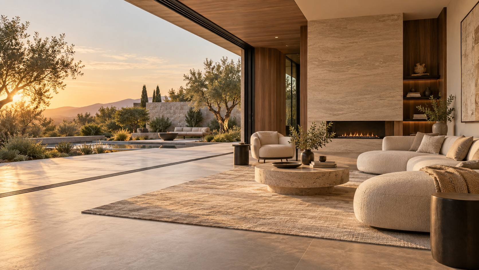 Contemporary living room opening to a landscaped courtyard at sunset